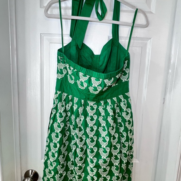 Floreat Anthropologie Cockadoodle Halter Tie Back  Green and White Dress Size 4 - Picture 4 of 13